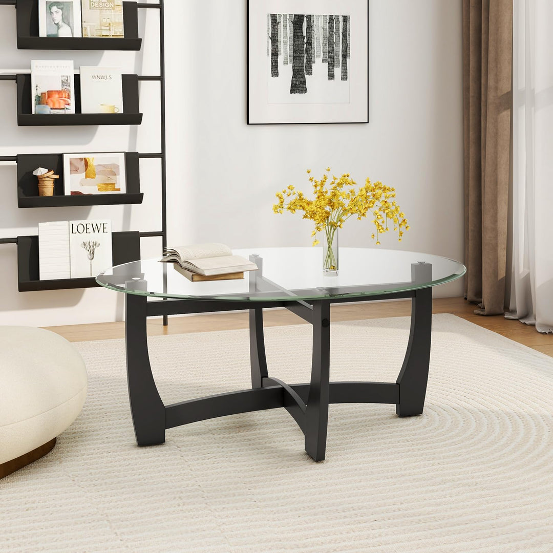 Giantex Glass Coffee Table, 48" Oval Accent Tea Table with Tempered Glass Top & Solid Wood Structure