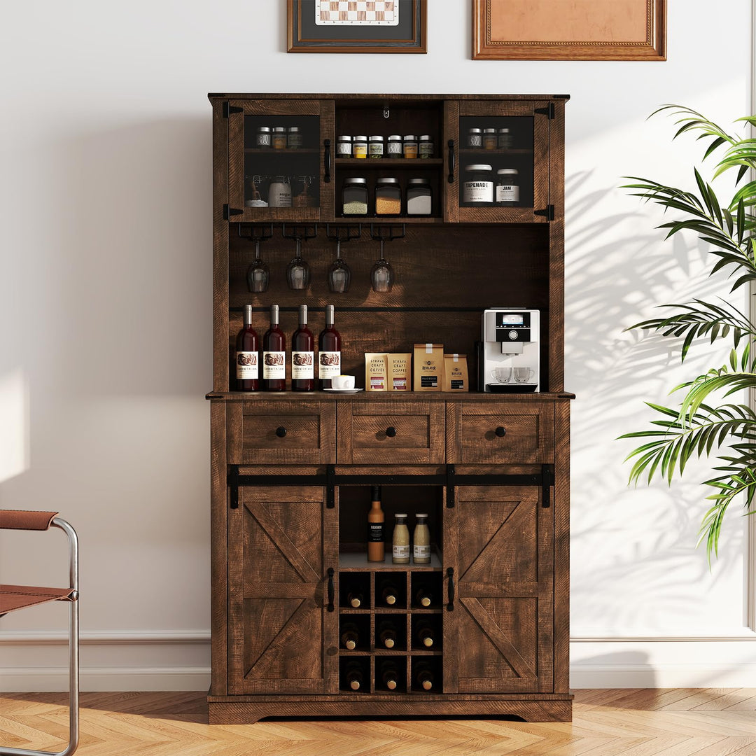 Giantex 72" Farmhouse Coffee Bar Cabinet w/Glass Doors &amp; Wine Racks