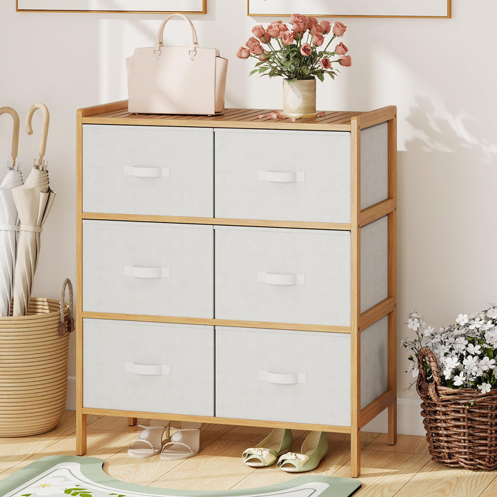 Giantex White Dresser for Bedroom Bamboo 6 Fabric Drawers Storage Tower with Top Shelf