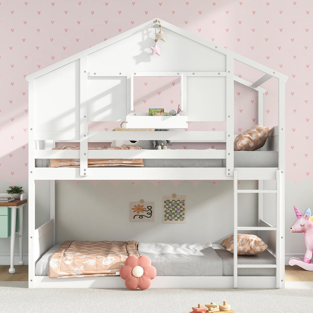 Giantex Bunk Bed Twin Over Twin, Wood House Bed for Kids with Roof, Window Door, White