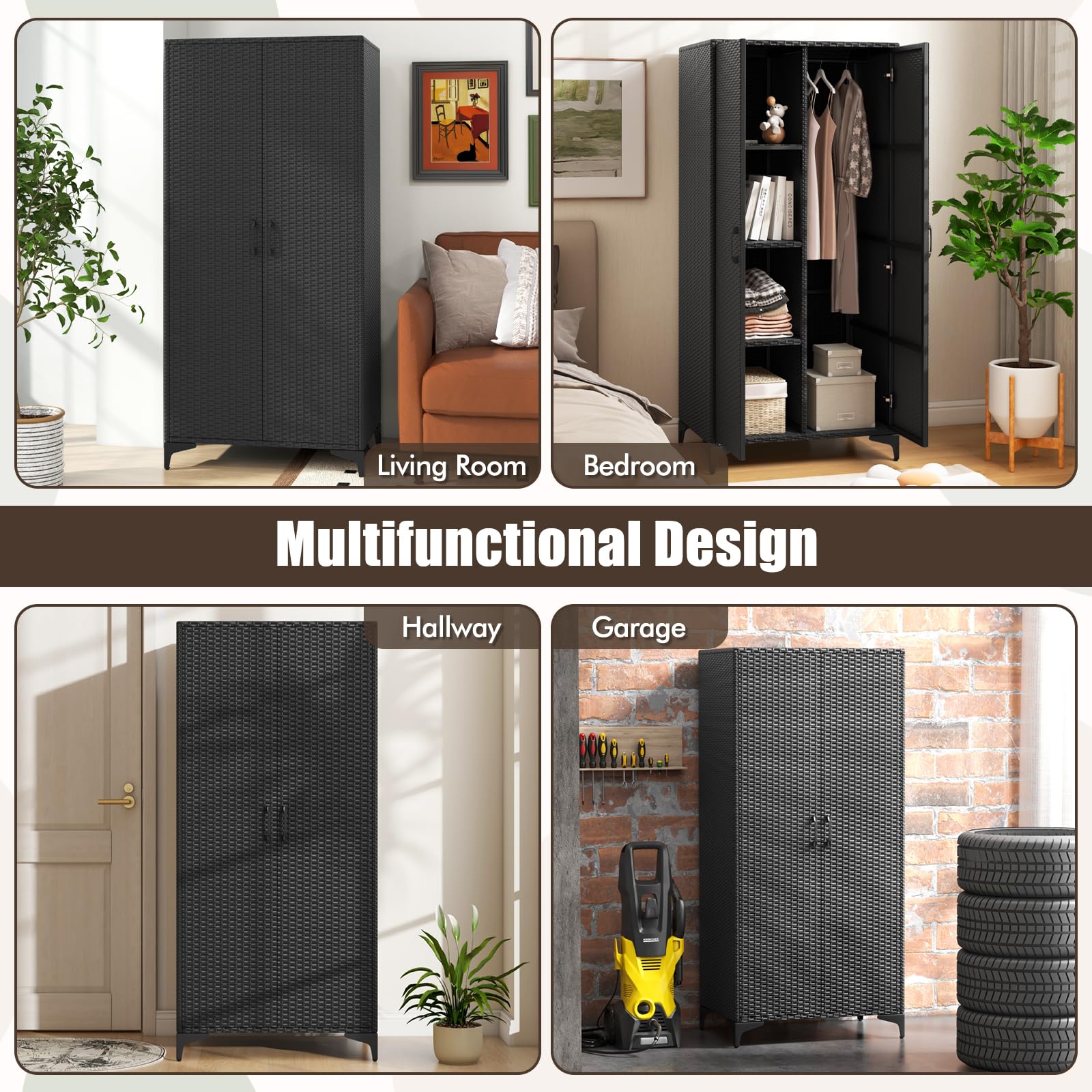 Giantex Wicker Storage Cabinet, 62” Tall Pantry Cabinet with 2 Doors, Hanging Rod, 4 Storage Cubes