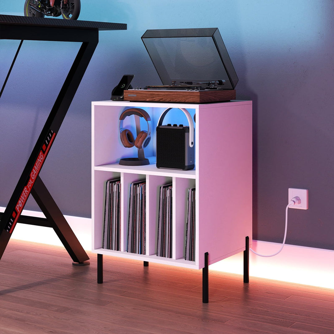 Giantex Record Player Stand with LED Lights & Charging Station
