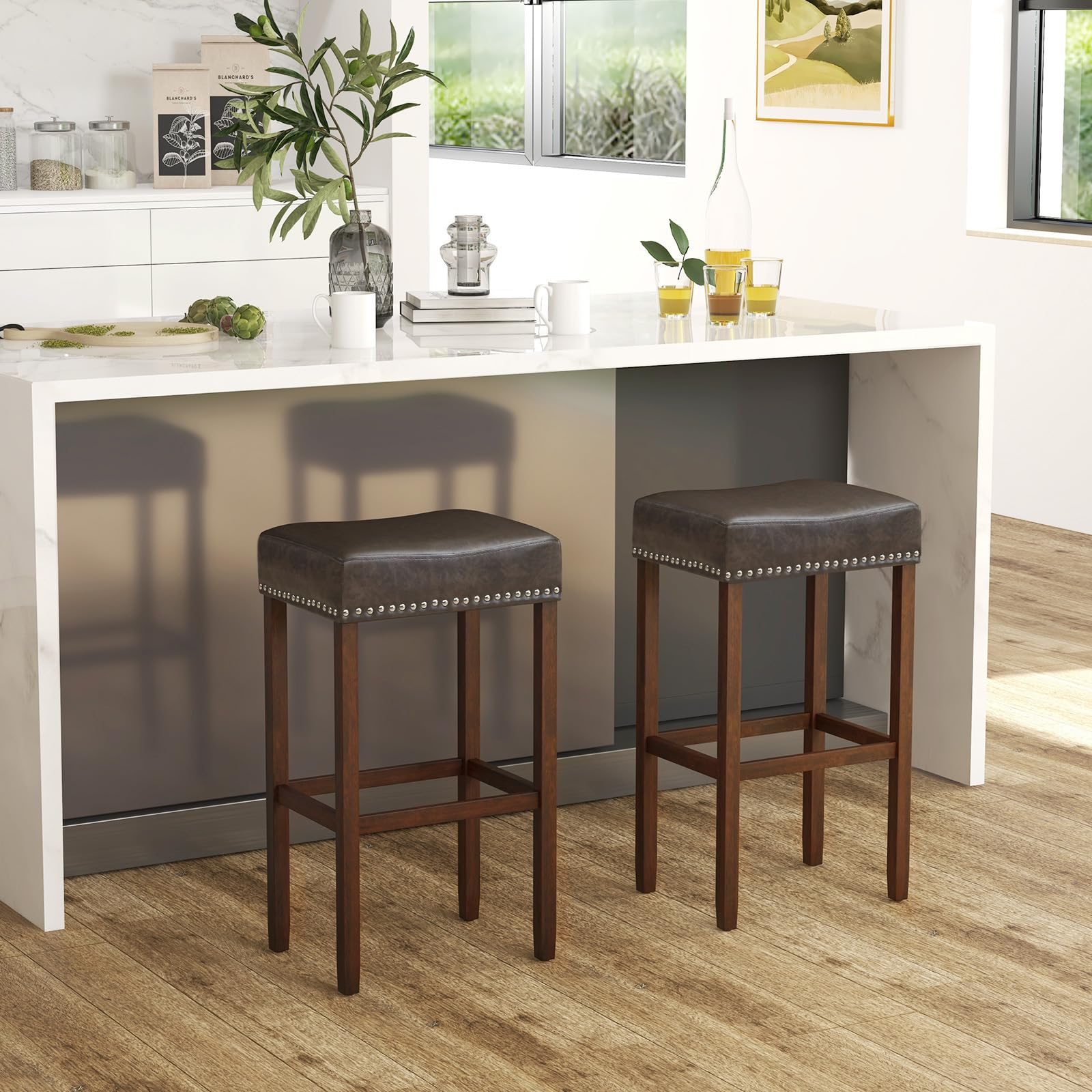 Giantex Bar Stools, Saddle-Shaped Kitchen Stools, PU Leather Bar Height Saddle Stools w/Footrests