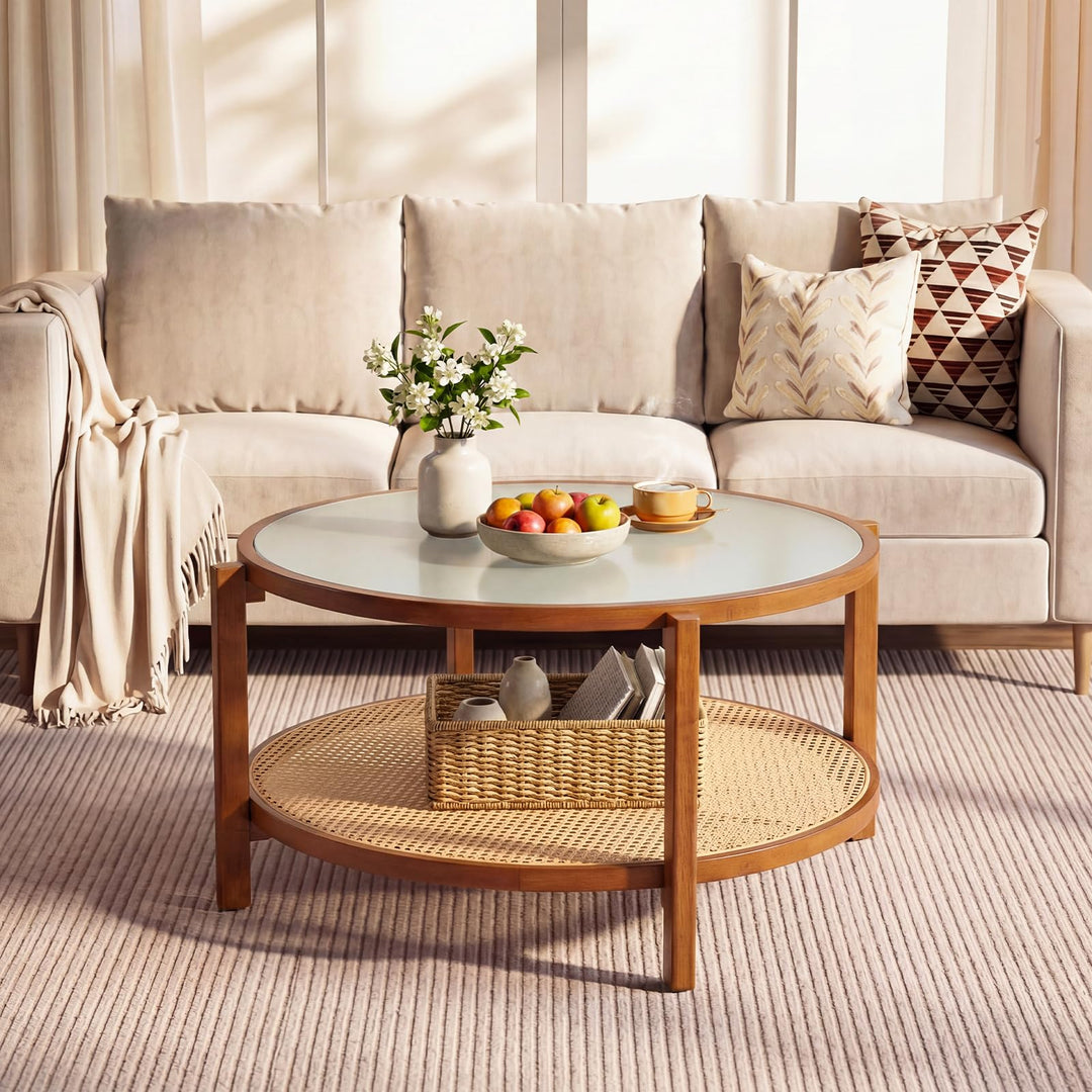 Giantex 35" Rattan Farmhouse Glass Center Table with Storage