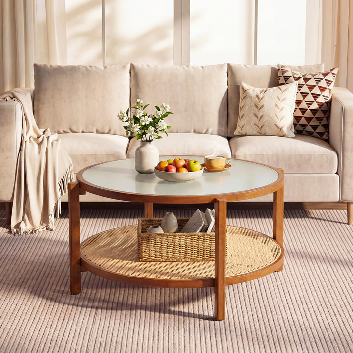Giantex 35" Rattan Farmhouse Glass Center Table with Storage