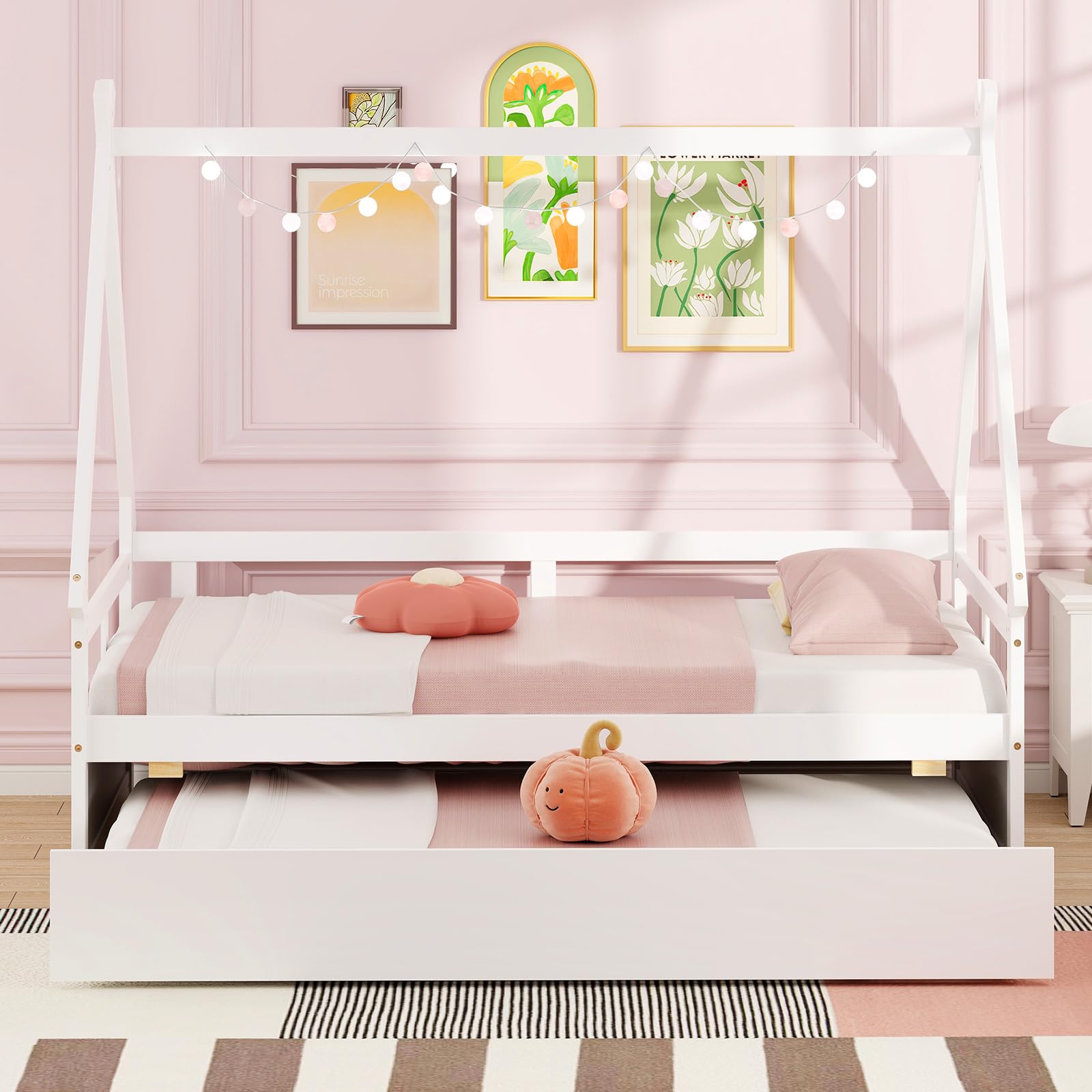 Giantex Twin House Bed with Trundle, Wood Montessori Tent Bed Frame with Safety Guardrail
