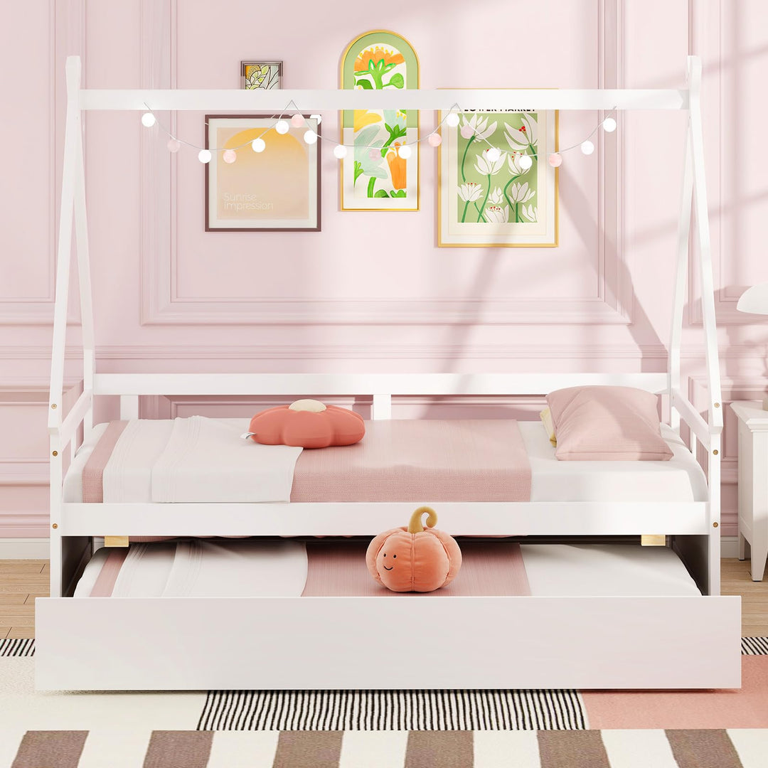 Giantex Twin House Bed with Trundle, Wood Montessori Tent Bed Frame with Safety Guardrail