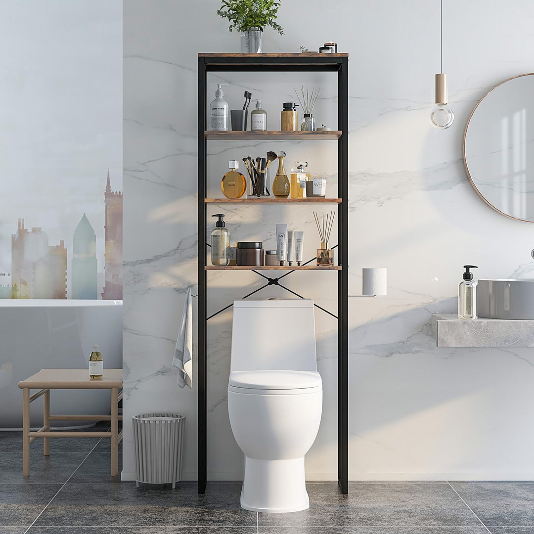 Giantex Over The Toilet Storage Rack, 4-Tier Wooden Bathroom Space Saver w/Metal Frame & 2 Hooks