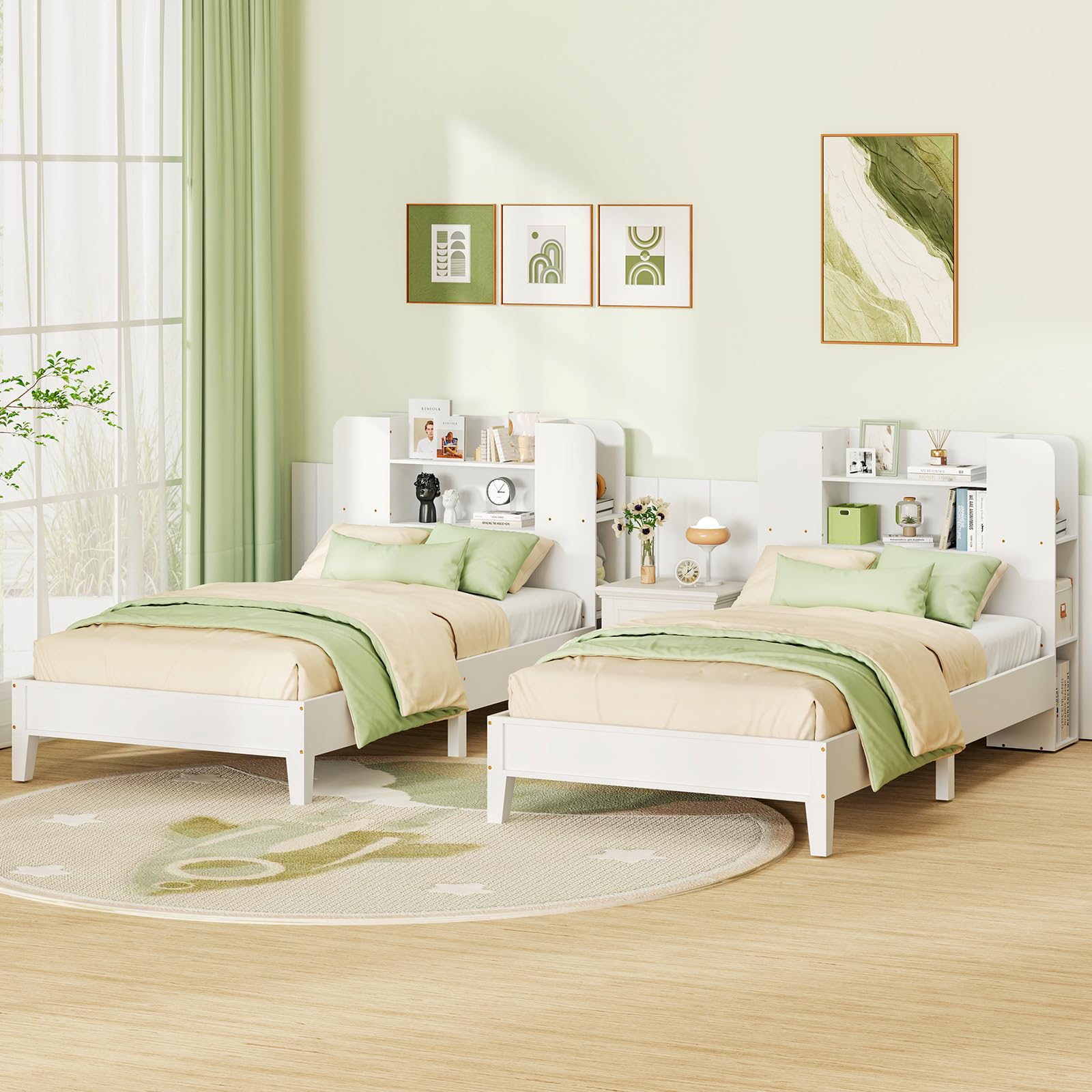 Giantex Twin Bed Frames for Kids, Wooden Twin Size Bed with Storage Bookcase Headboard