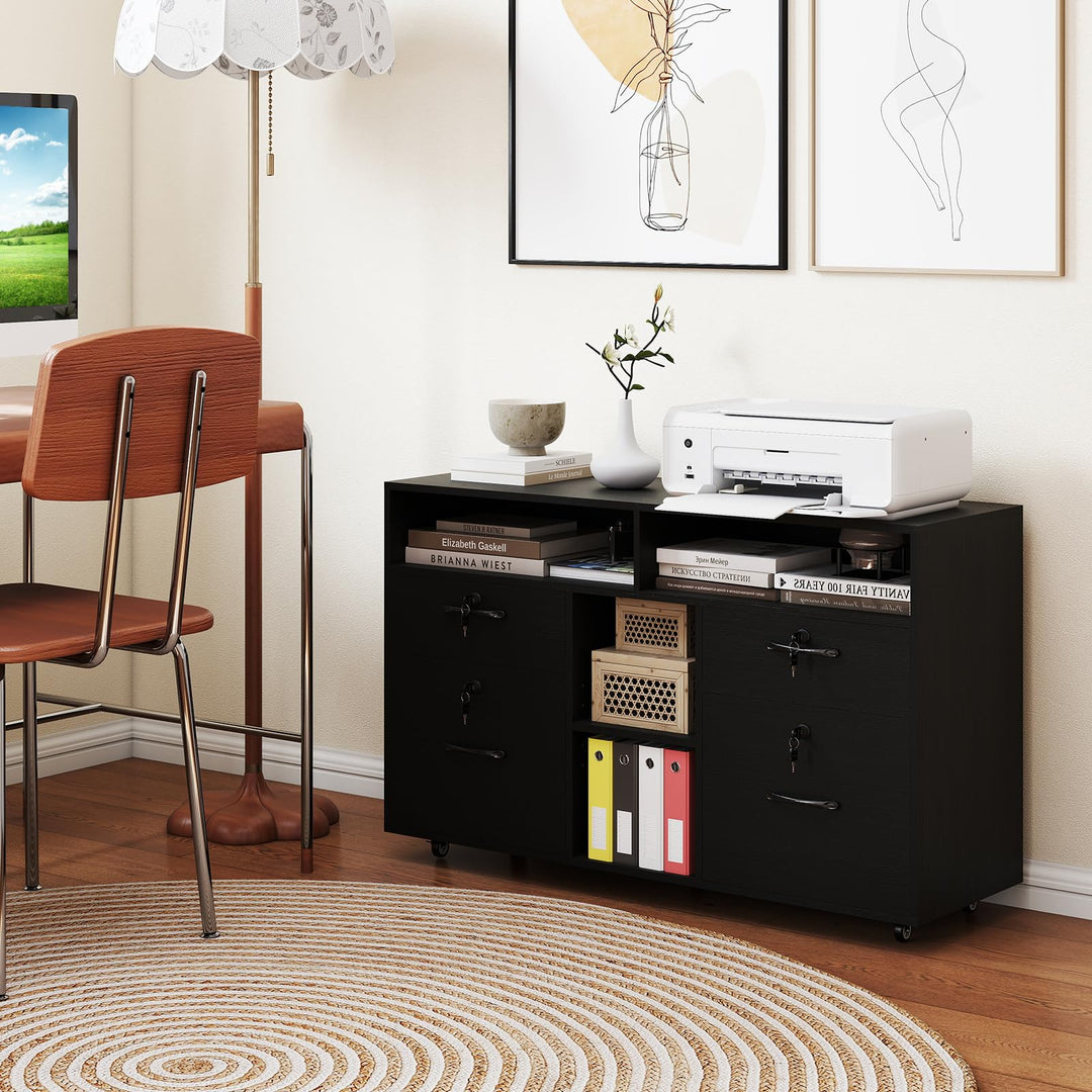 Giantex 4-Drawer Lateral File Cabinet with Lock & 5 Rolling Wheels (2 Lockable)