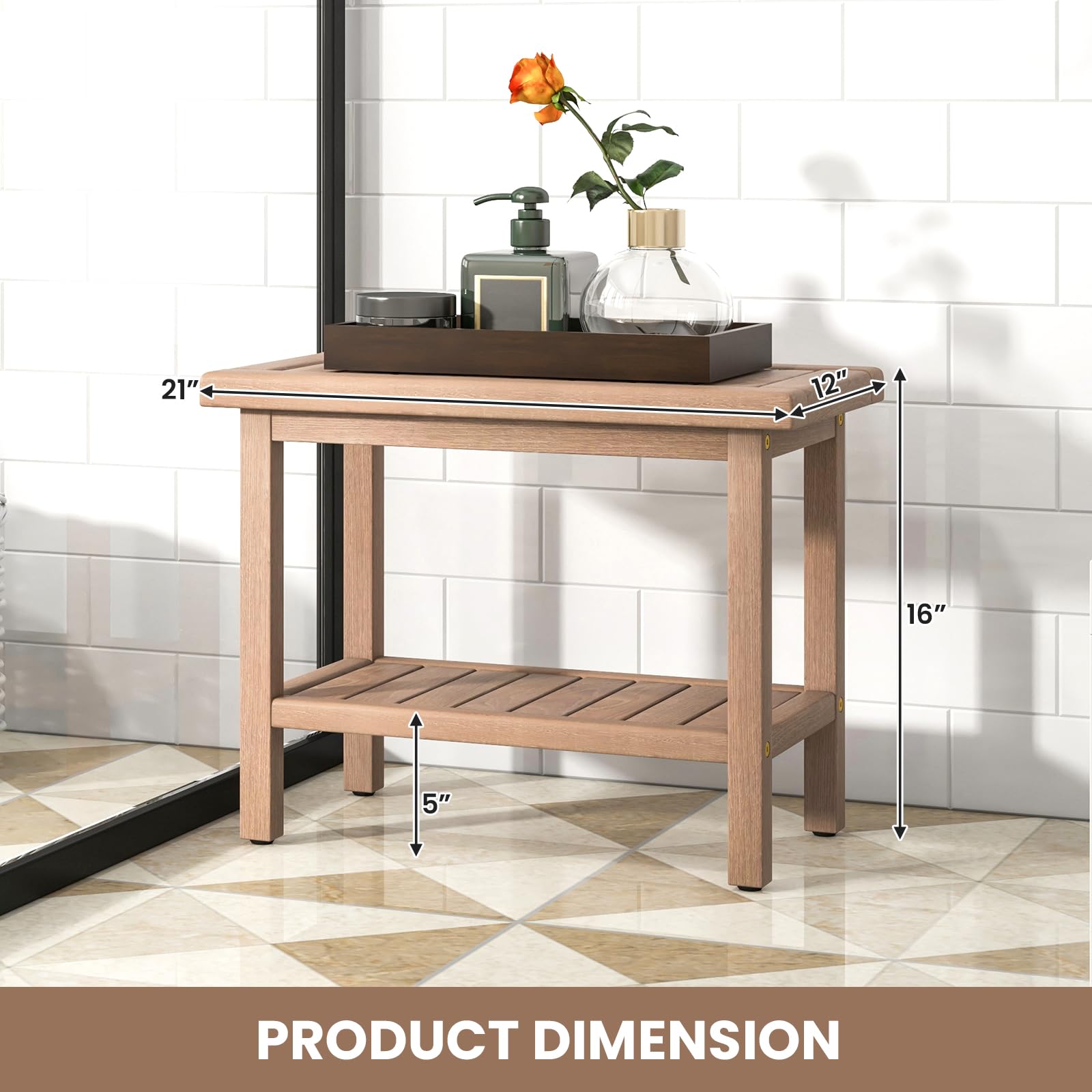 Giantex Teak Shower Bench, 21" Waterproof Spa Bath Seat with Storage Shelf and Non-Slip Foot Pads