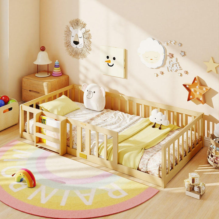 GIANTEX Twin Solid Wood Floor Bed for Kids | Montessori Bed with Bedside Bookshelf