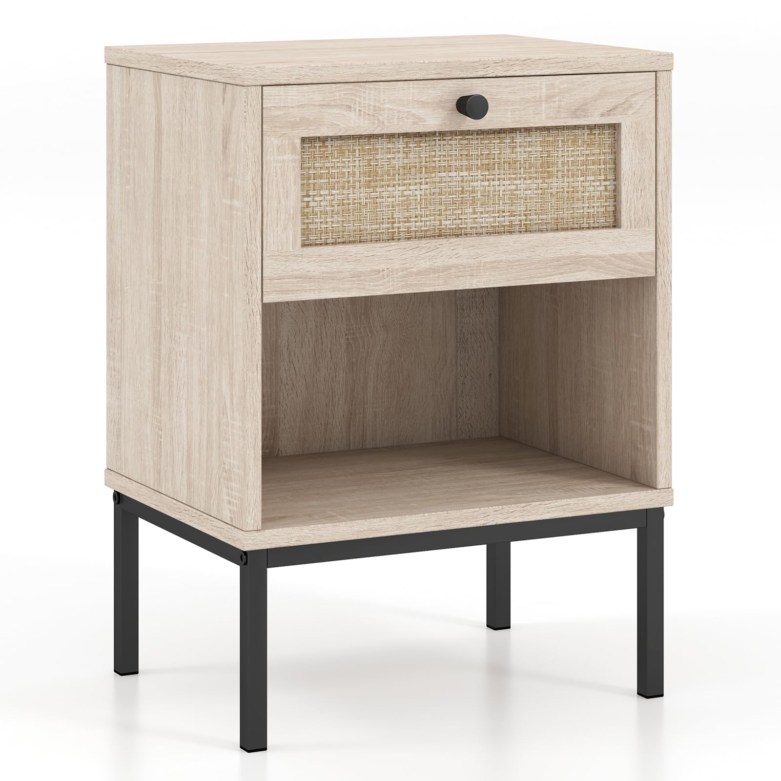 Giantex Rattan Nightstand with Drawer, Boho Side Table with 4 Metal Legs and Open Storage Shelf