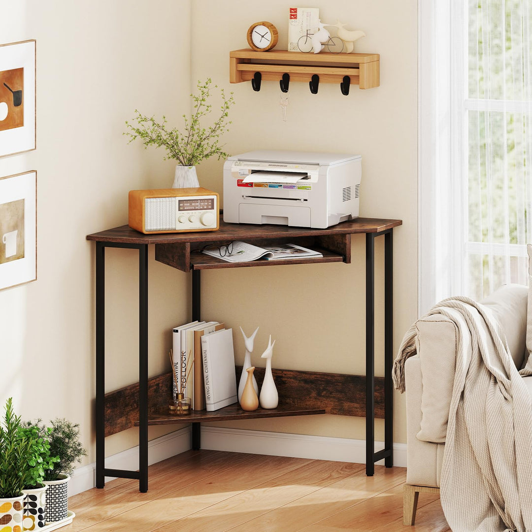 Giantex Small Corner Desk with Charging Station with Keyboard Tray & Storage Shelf