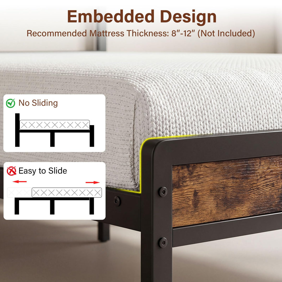 Full Size Metal Bed Frame with Upholstered Headboard &amp; Charging Station