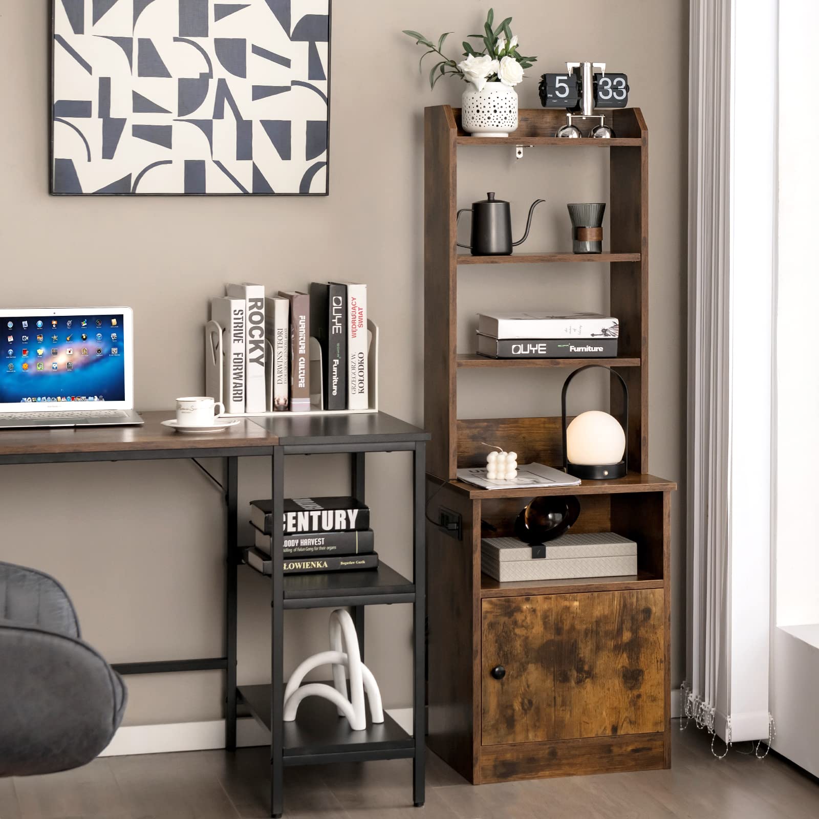 Giantex Nightstand with Charging Station - 55" Tall Bedside Table