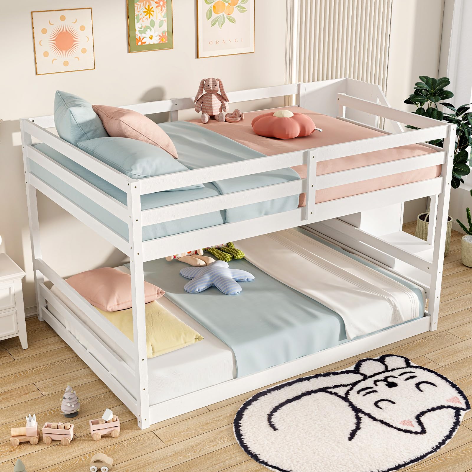 Giantex Bunk Bed with Stairs, Solid Wood Floor Bunk Bed with Storage Staircase & Full-Length Guardrails