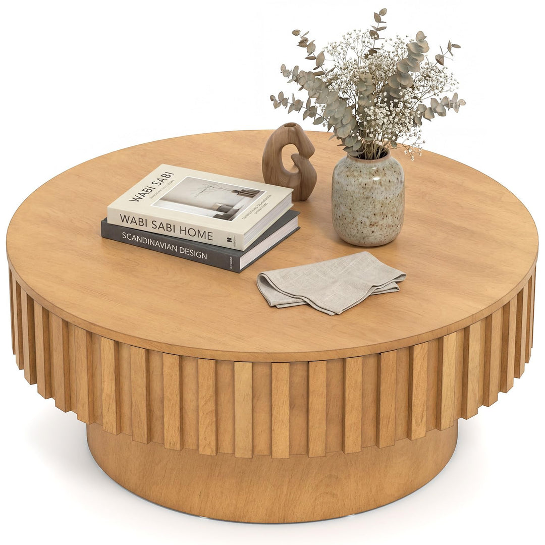 Giantex Round Coffee Table with Storage | Modern Drum Fluted Center Table with Solid Wood Veneered