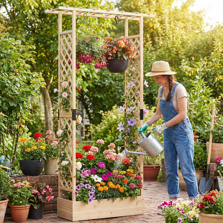 Giantex Wooden Raised Garden Bed with Trellis & Hanging Roof