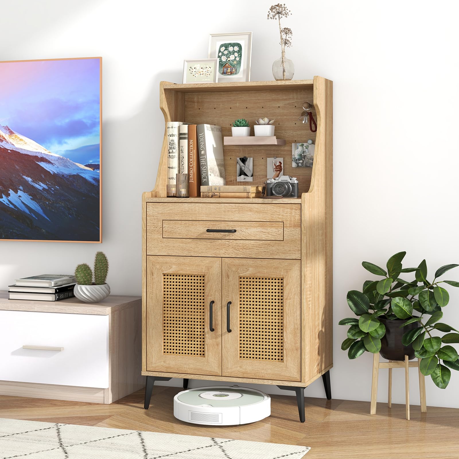 Giantex 45.5” Kitchen Pantry Cabinet, Buffet Sideboard w/Hutch, PVC Rattan Door