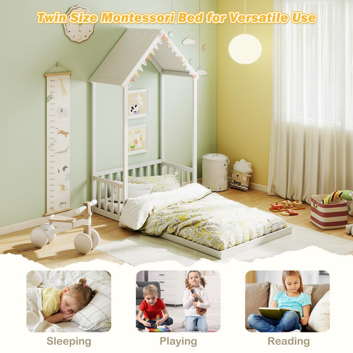 Giantex Twin Size House Bed Montessori Floor Bed with House Shape Roof & Semi-Fence