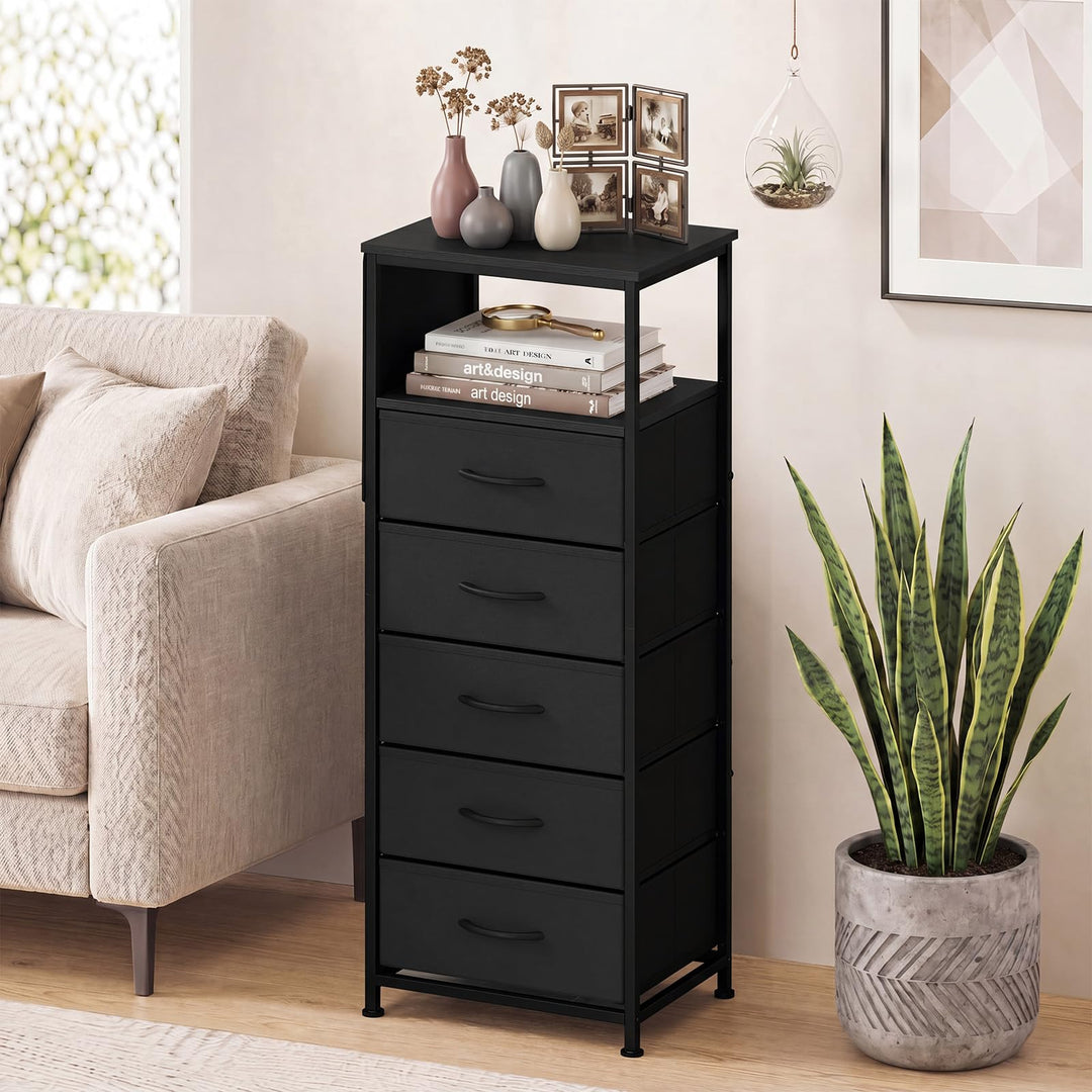 GIANTEX Modern 39" Bedside Table with Integrated Charging Station &amp; 5 Fabric Drawers (1/2)