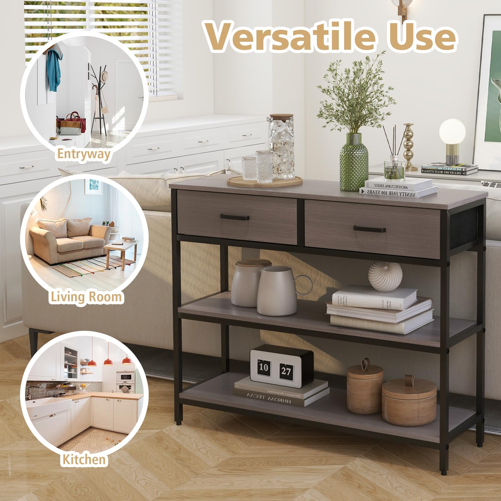 Giantex 3-Tier Entryway Table with Storage, Sofa Table w/ 2 Large Drawers, 2 Open Storage Shelves