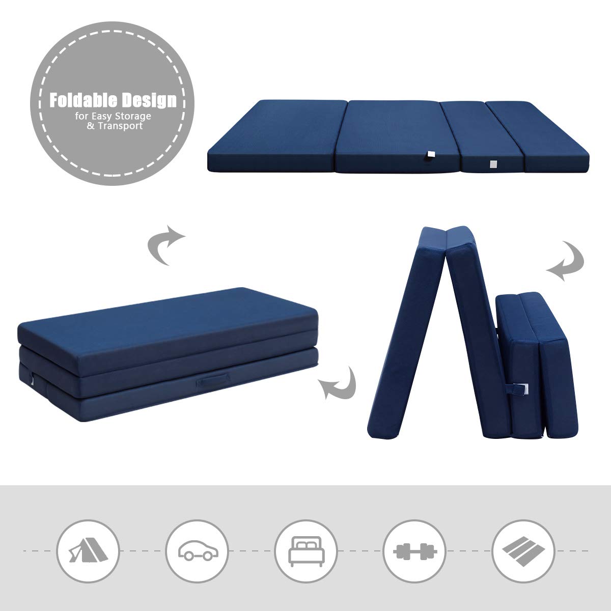 4" Thick Folding Portable Mattress Pad Sofa Bed with No Carrying Handles and Removable Washable Fabric Queen Blue