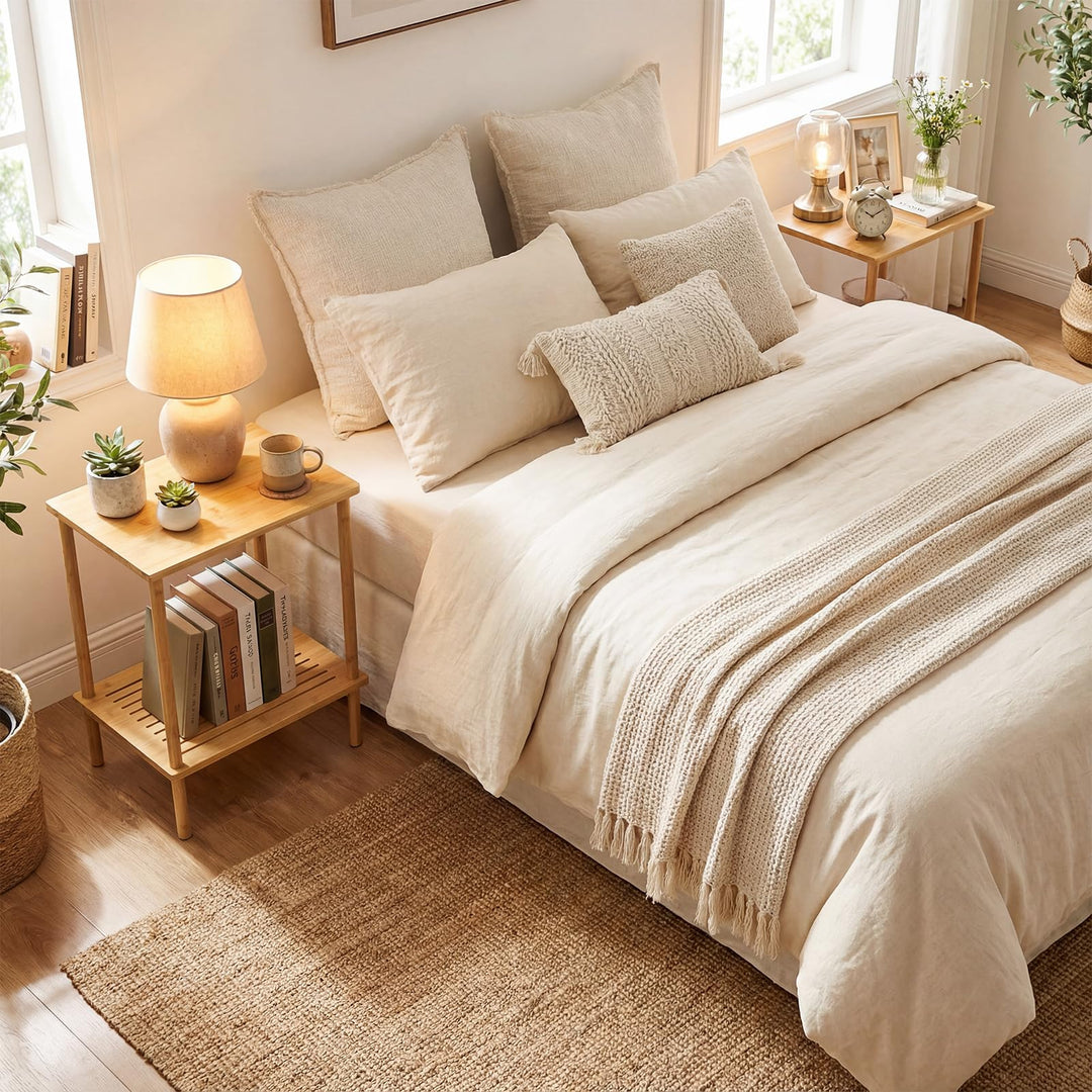 Giantex Bamboo Side Table Set of 2 w/Storage Shelves