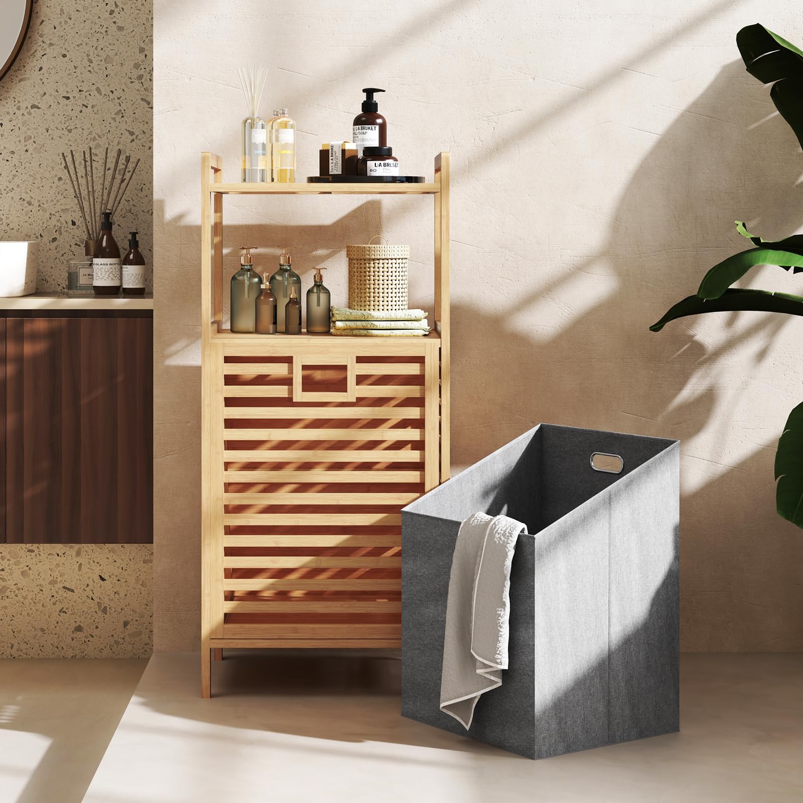 Giantex Tilt Out Laundry Hamper Bamboo Laundry Storage Cabinet with 2-Tier Storage Shelves