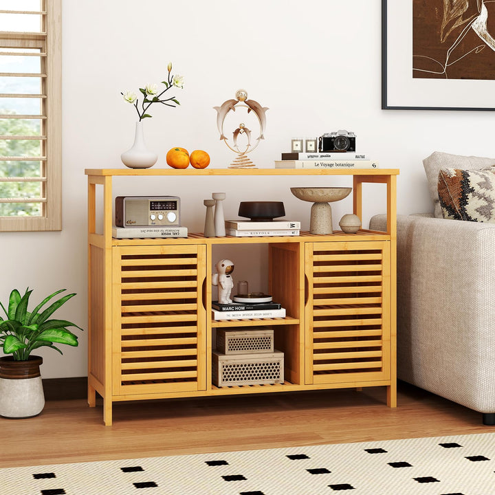 Giantex Bamboo Bathroom Storage Cabinet 2-Door Storage Organizer with Shelves