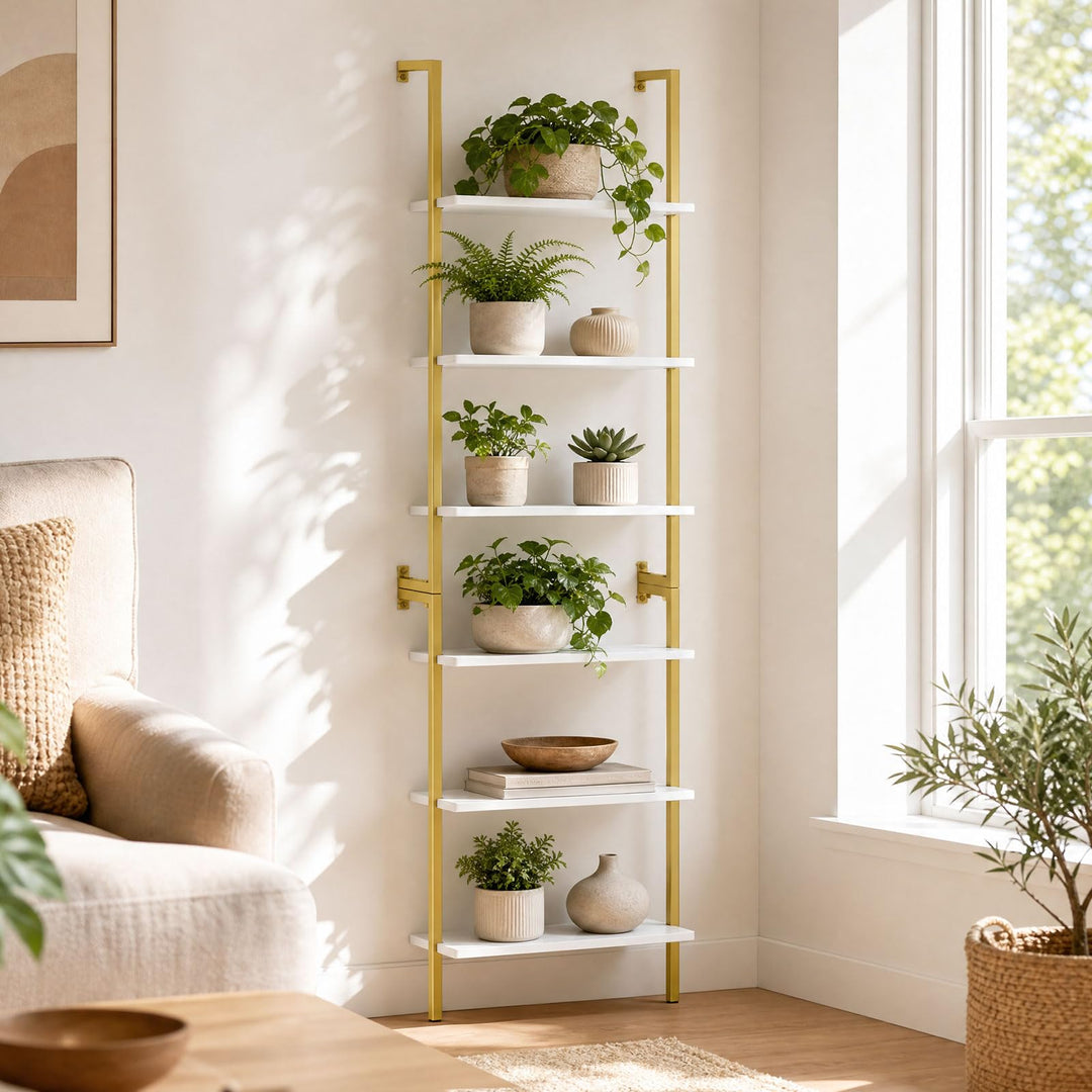 GIANTEX Ladder Shelf | 6-Tier Wall Mounted Bookshelf with Metal Frame (1/2)
