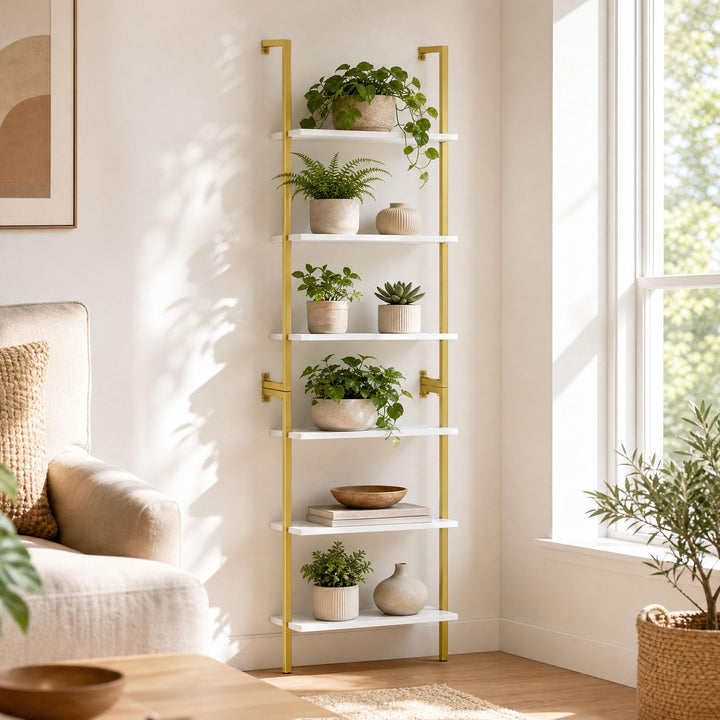 GIANTEX Ladder Shelf | 6-Tier Wall Mounted Bookshelf with Metal Frame (1/2)