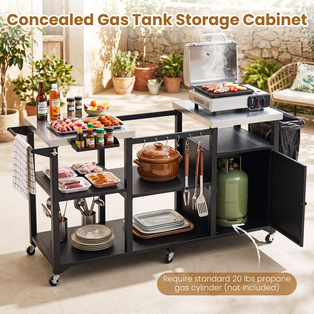 Giantex Outdoor Grill Cart with Cabinet Stainless Steel Tabletop and Hooks