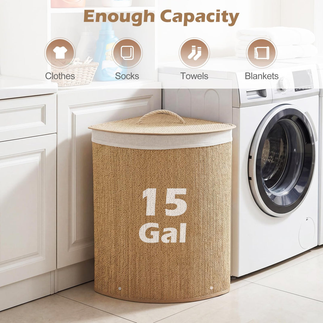 Giantex 15 Gal Bamboo Corner Laundry Hamper with Lid