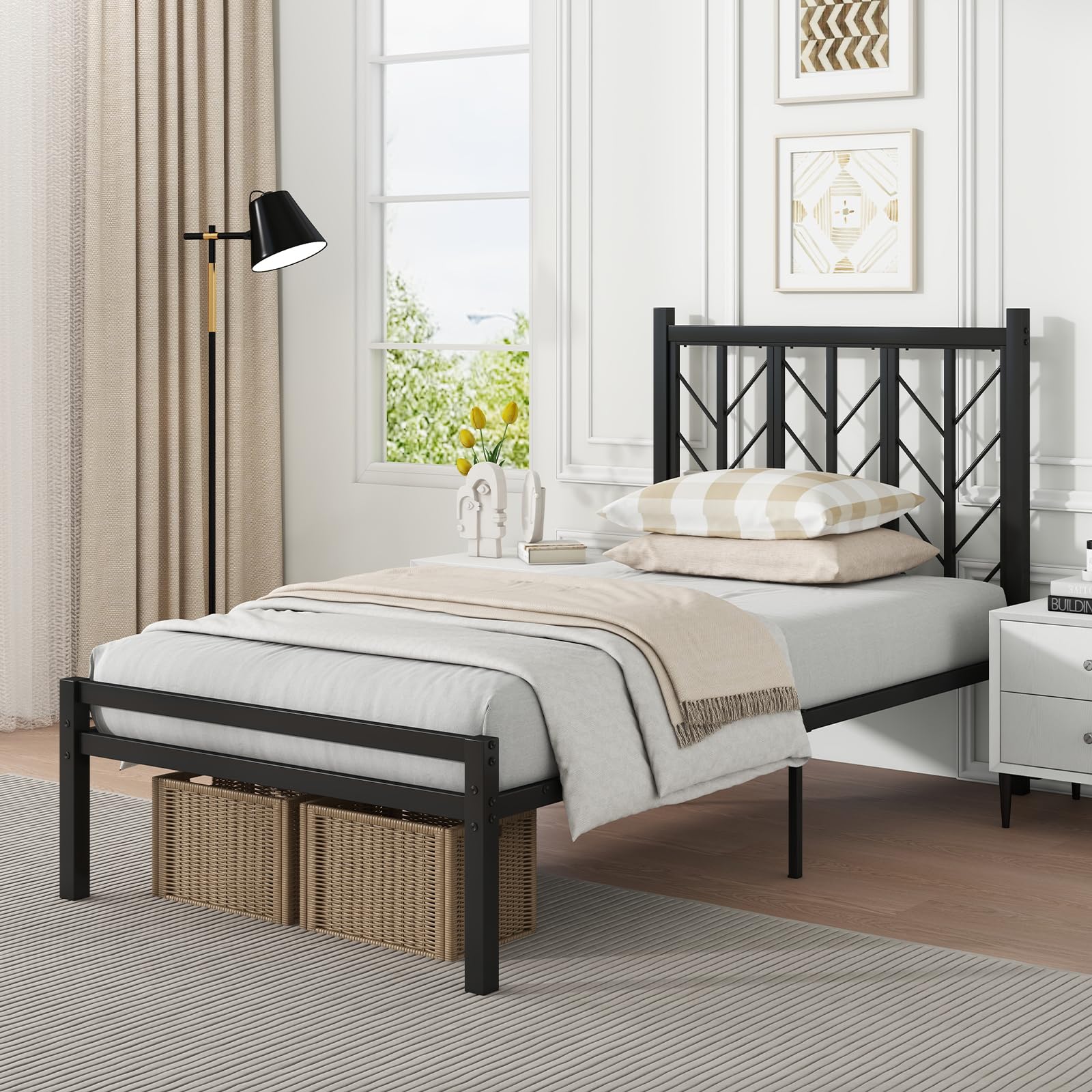 Giantex Bed Frames with Vintage Headboard, Metal Mattress Foundation for Storage