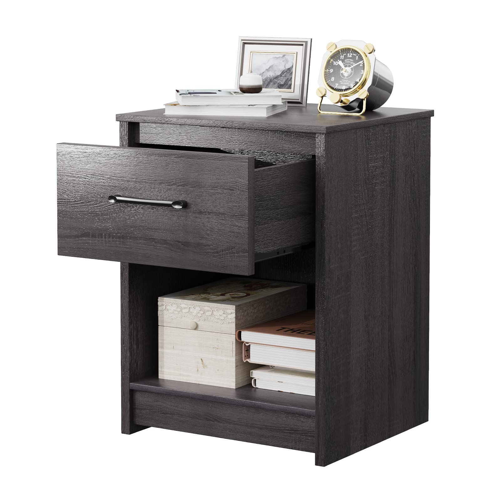 Nightstand w/Drawer, Wooden End Table w/Open Storage Compartment