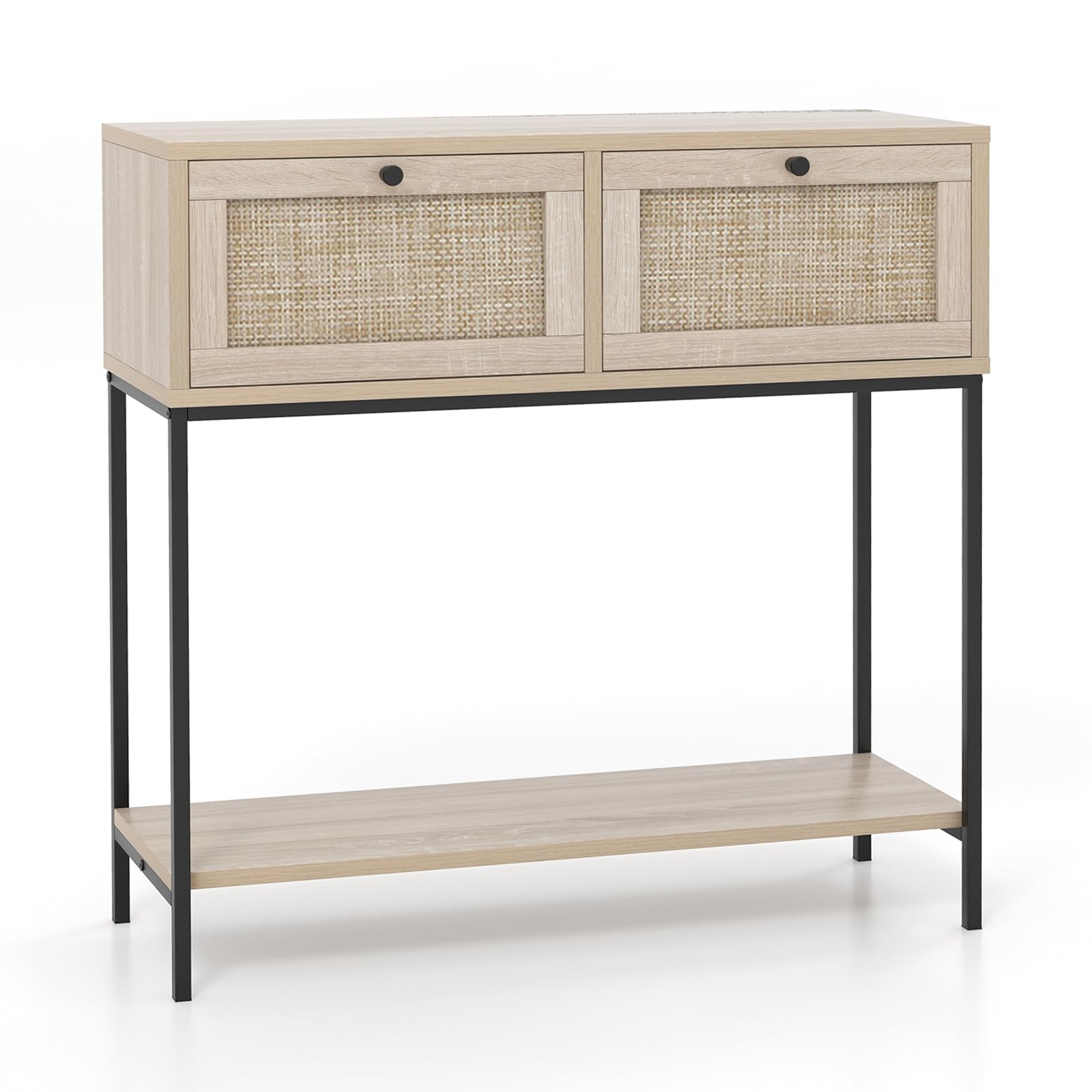 Giantex Console Table with Rattan Drawers - 31.5" Entryway Table w/ 2 Drawers & Open Storage Shelf