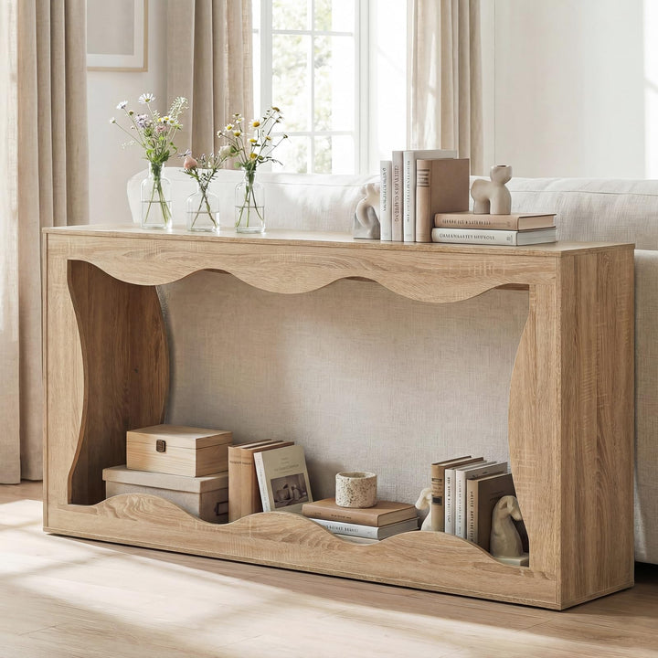 Giantex 63" Farmhouse Console Table | 2-Tier Wavy Entryway Table with Built-in Storage Space