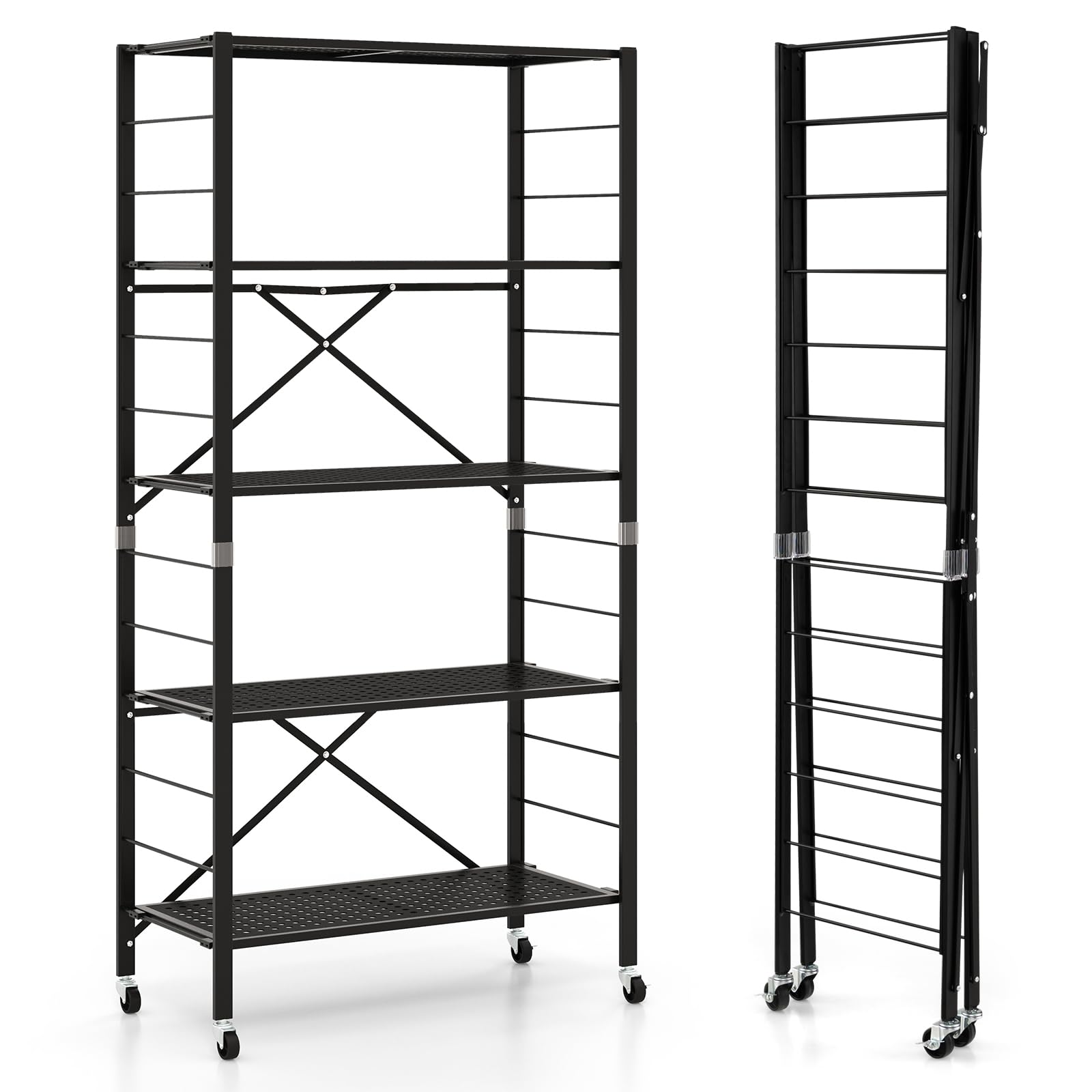Giantex 5-Tier Folding Bookshelf with Wheels Black, 60" Tall Foldable Metal Shelves for Storage
