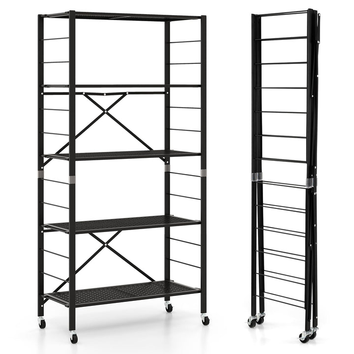 Giantex 5-Tier Folding Bookshelf with Wheels of 1/2, 60" Tall Foldable Metal Shelves for Storage