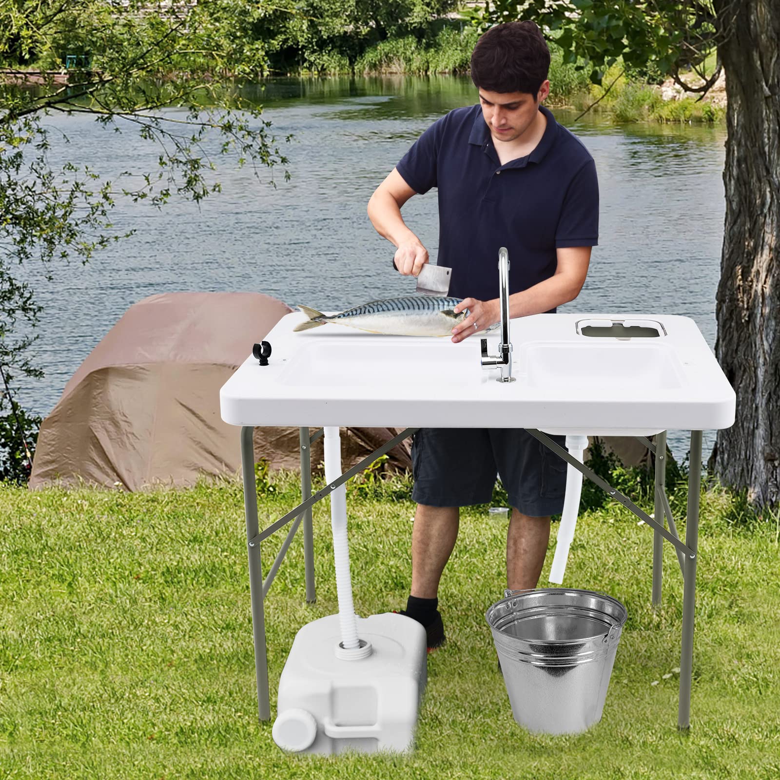 Giantex Fish Cleaning Table with 2 Sinks, Faucet, Garage Holder, Portable Folding Camping Table with Measuring Mark