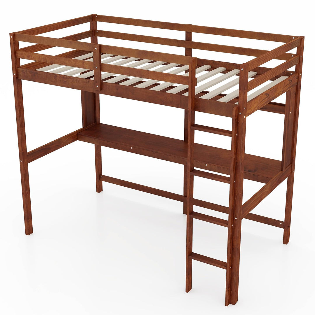 Giantex Twin Loft Bed with Desk and Bookshelf, Wooden Bed Frame with Safety Guardrail &amp; Ladder