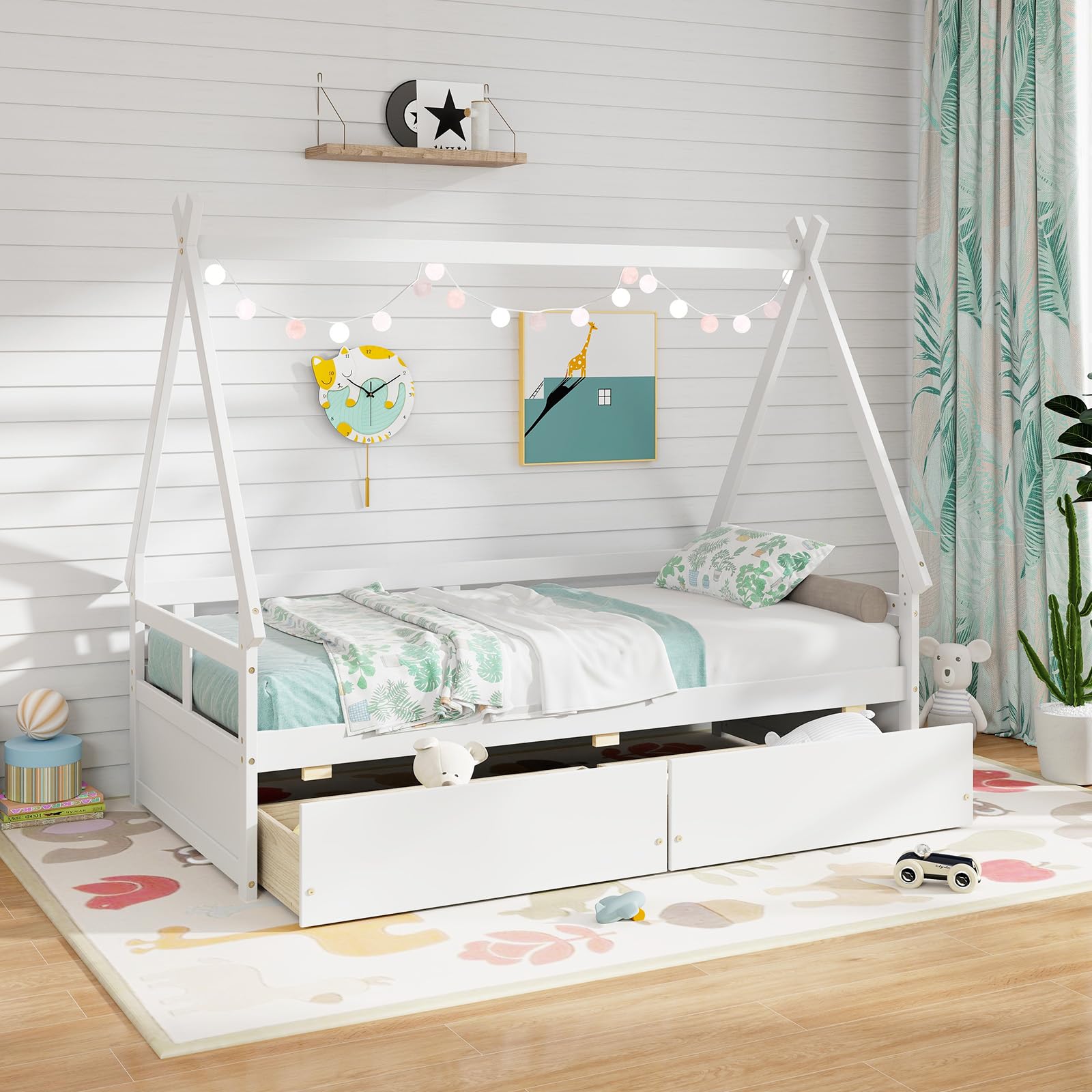 Giantex Twin Bed with 2 Storage Drawers, Wood Montessori House Tent Bed Frame with Safety Guardrail