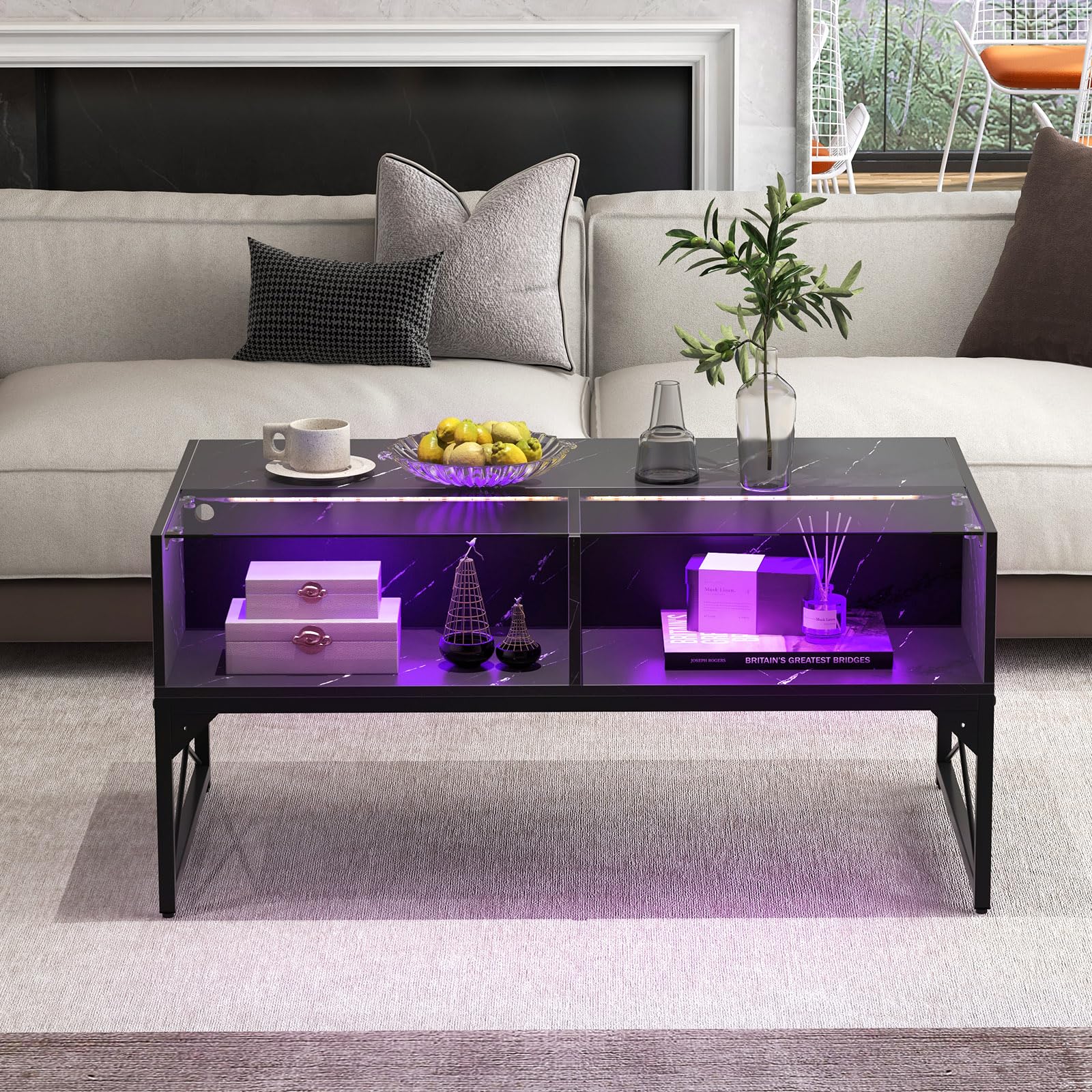 Giantex LED Coffee Table, High Gloss Coffee Tables with 4 Storage Cubes