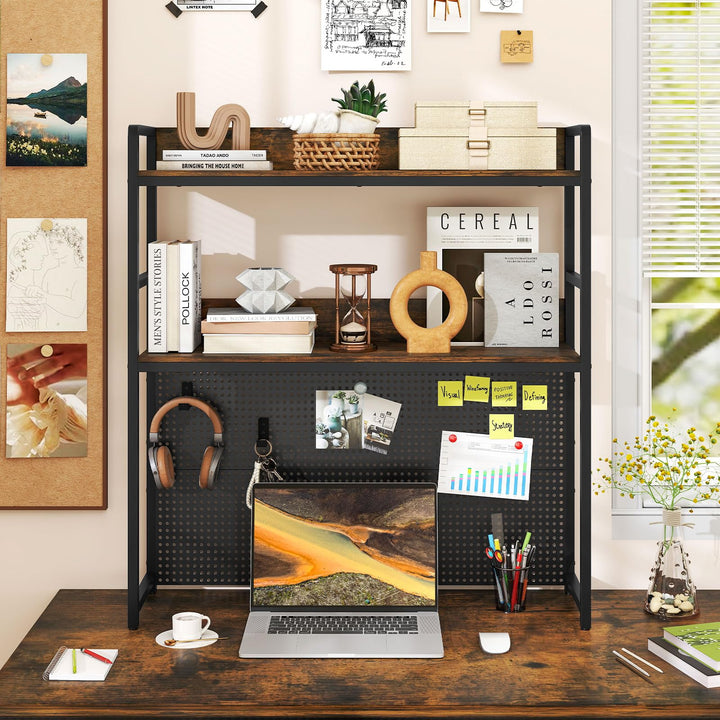Giantex 2-Tier Desk Hutch Dorm with Pegboard for up to 32" Computer Monitor