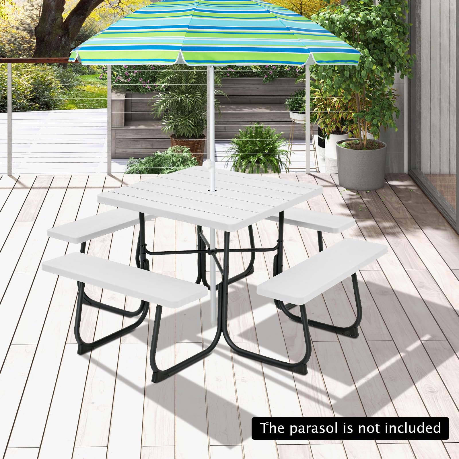 Giantex Picnic Table Set for 4-8 Persons, Outdoor Table and Bench Set with Umbrella Hole, HDPE Top & Metal Frame