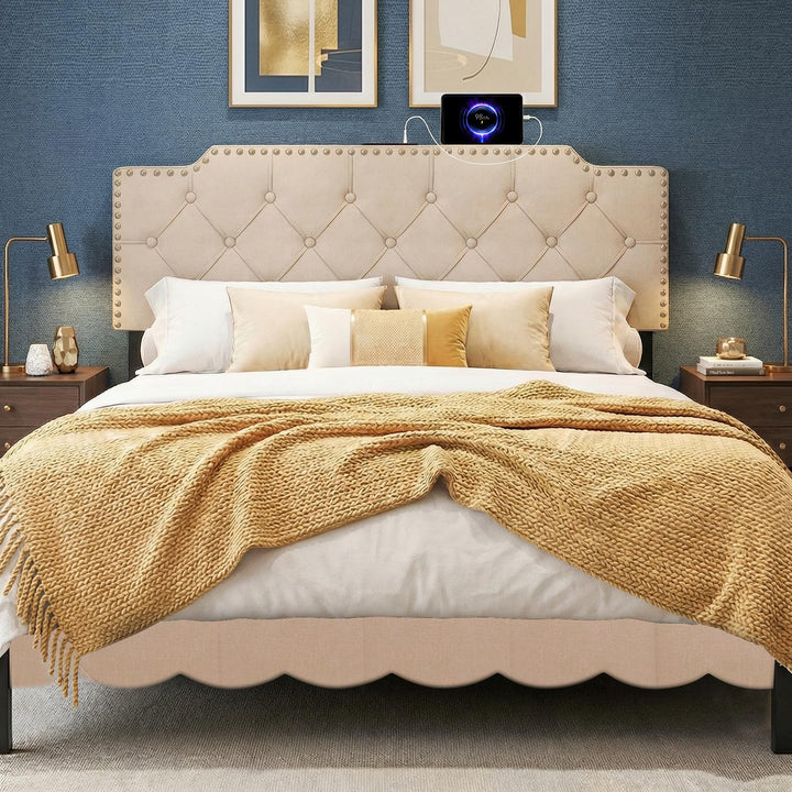 Giantex Headboard for Queen and Full Size Bed | Rivet Tufted Upholstered Head Board w/ 2 AC Outlets