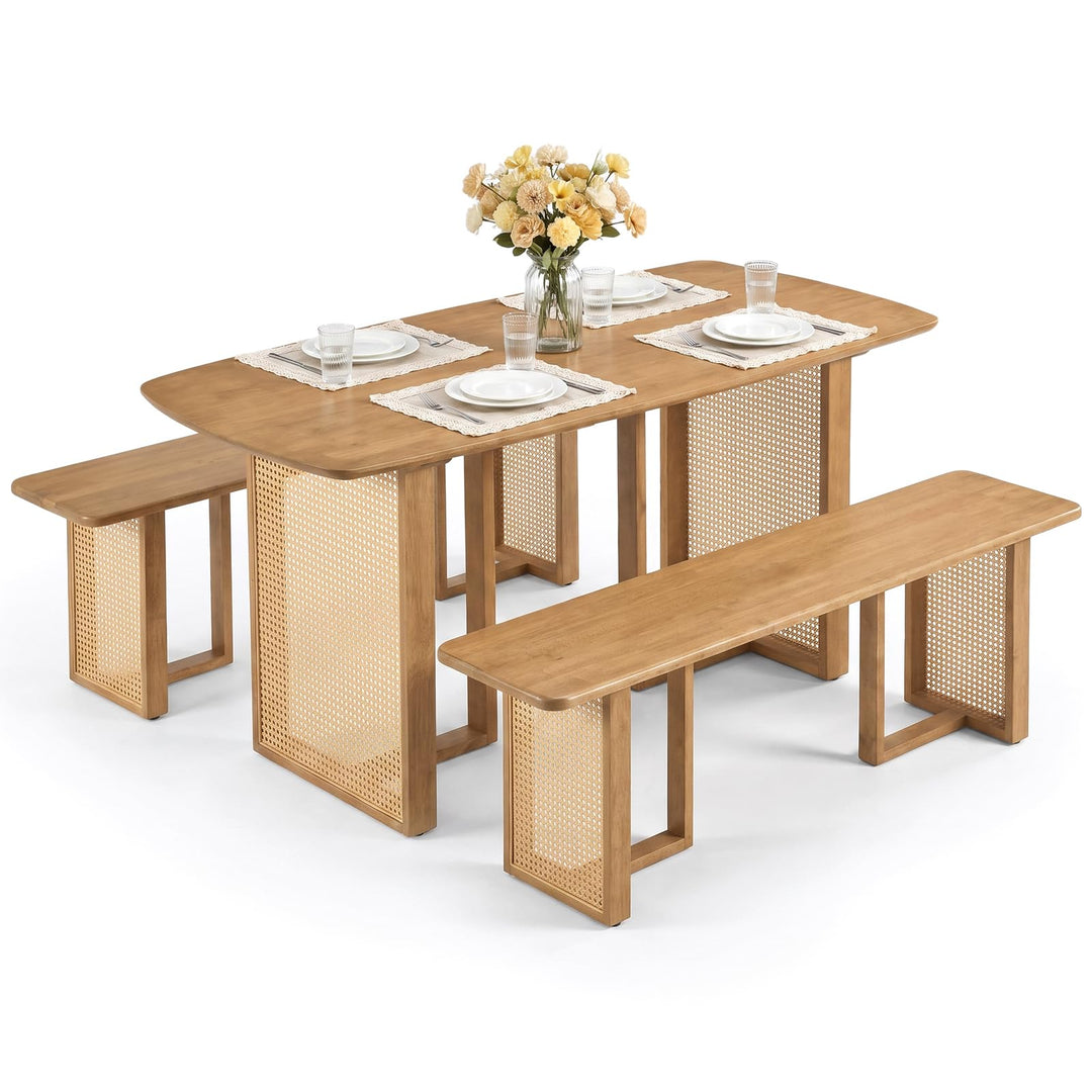 GIANTEX Rattan Dining Table Set for 4 | Rubber Wood Kitchen Table &amp; 2 Bench