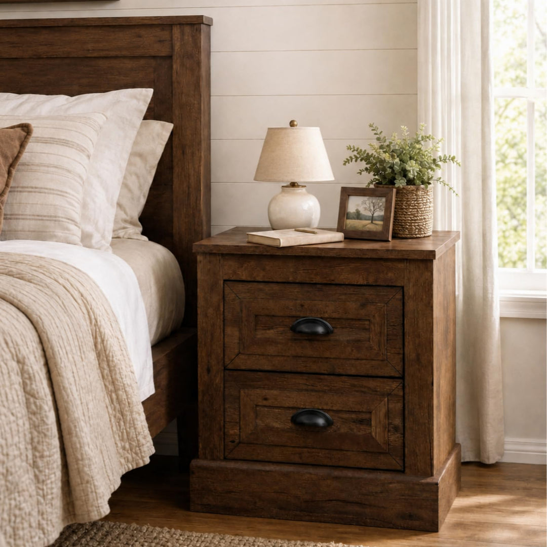 GIANTEX Farmhouse Nightstand With 2 Storage Drawers For Bedroom